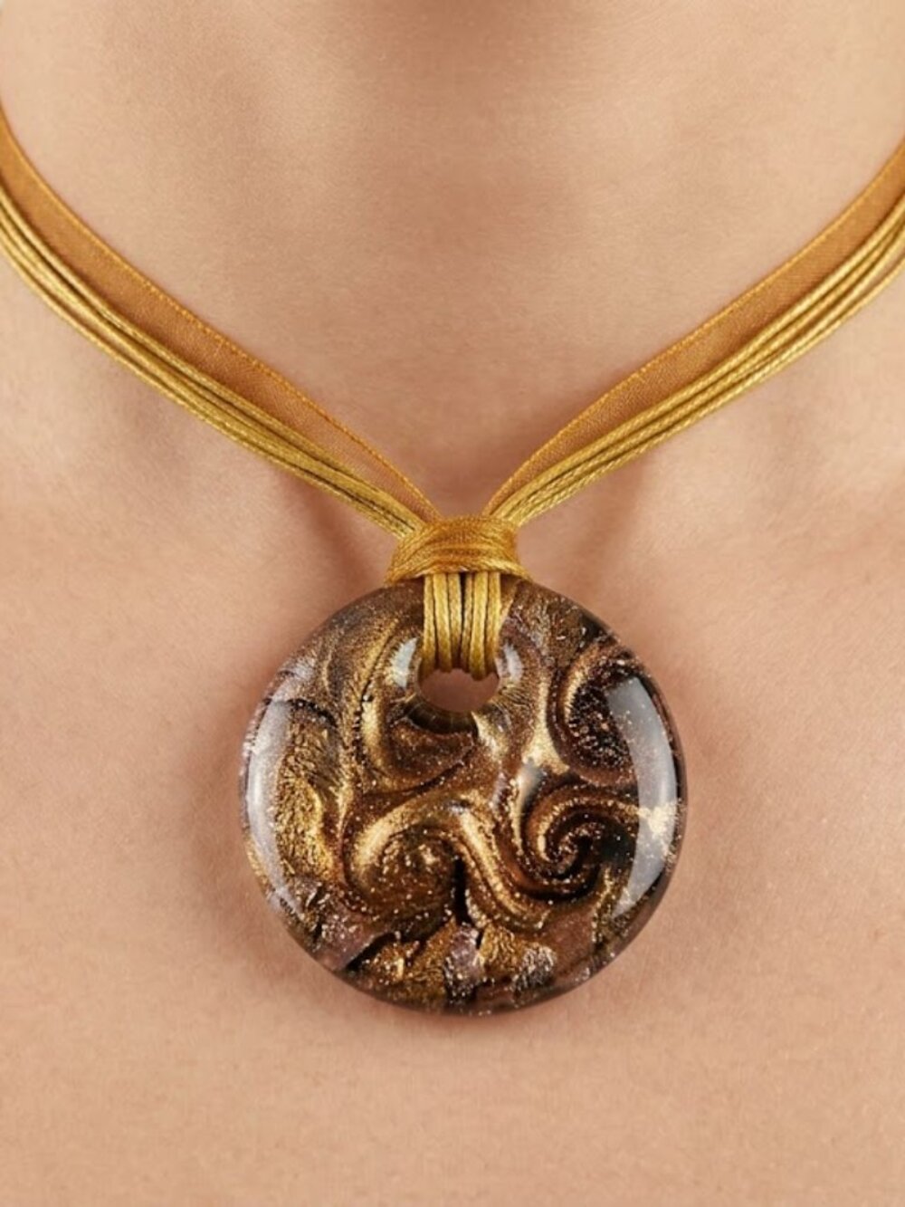 Glass pendant with Gold and Brown swirl detail - chocker necklace